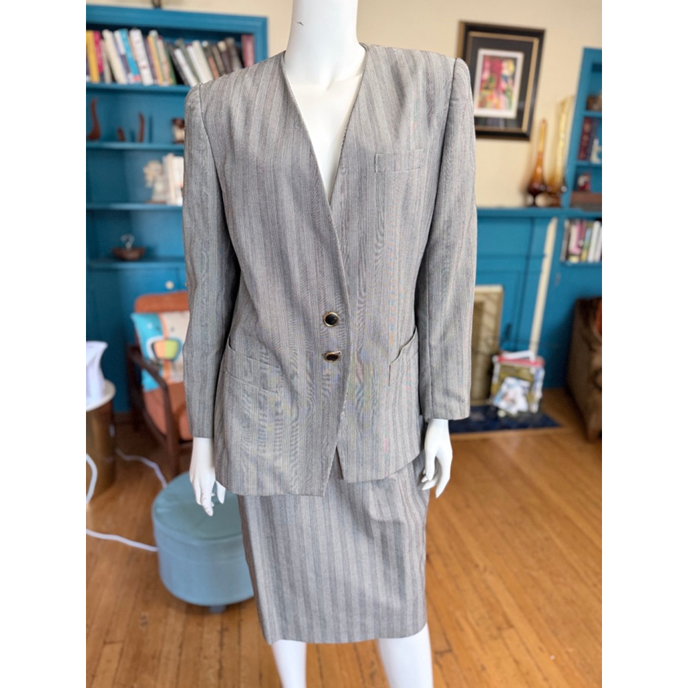 Vintage Sasson Gray Pink Striped Pantsuit Juniors 13